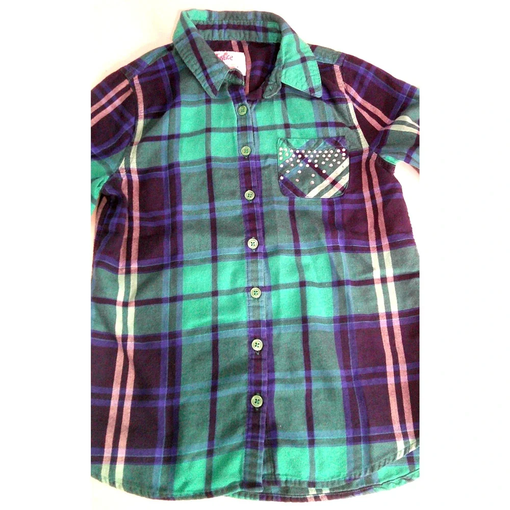 Justice Girls 8 Blue Teal Plaid Long Sleeve Button-up with Rhinestones